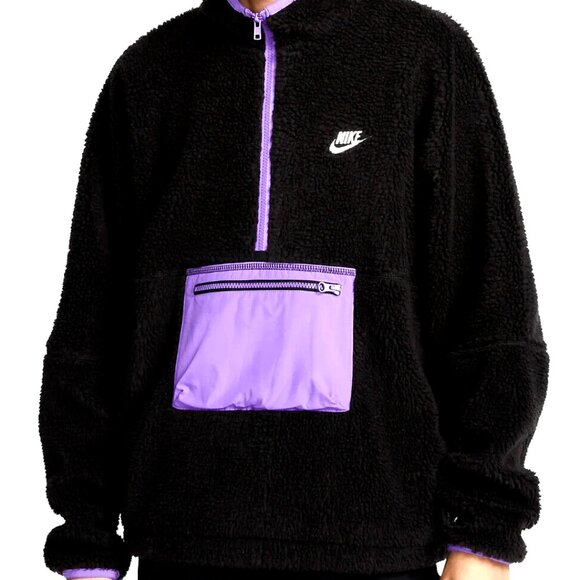 Nike Jacket Sherpa Club Fleece Anorak 1/2 Zip DQ4880-010 Black Purple Mens Small - Picture 1 of 9